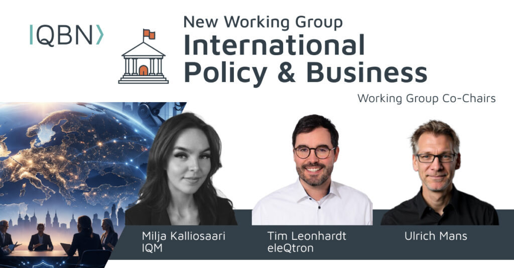Banner for the International Policy & Business Working Group with IQBN logo, building icon, globe image, and three co-chairs’ headshots.