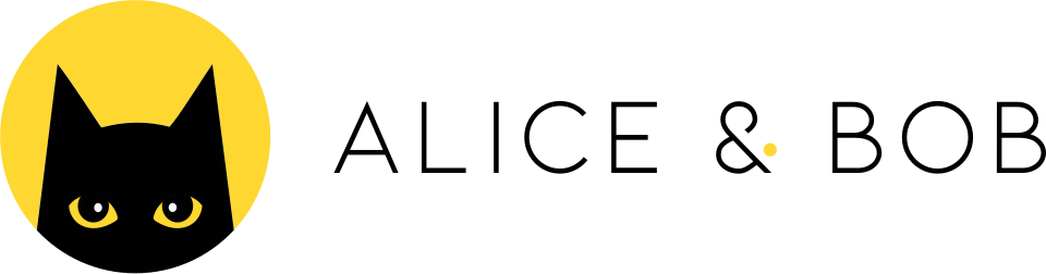 Logo: black cat head in a yellow circle to the left, followed by the text 'ALICE & BOB' in dark letters.