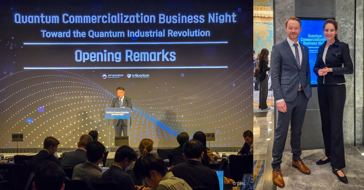Opening remarks by First Vice Minister of Science and ICT Koo Hyuk-chae (left); Johannes Verst, CEO of QBN, with Dr. Alexandra-Gwyn Paetz, Head of Department Technological Sovereignty and Innovation at BMFTR) at the Quantum Commercialisation Business Night in Seoul (right) › QBN - Quantum Business Network BMFTR and QBN at QDG 7