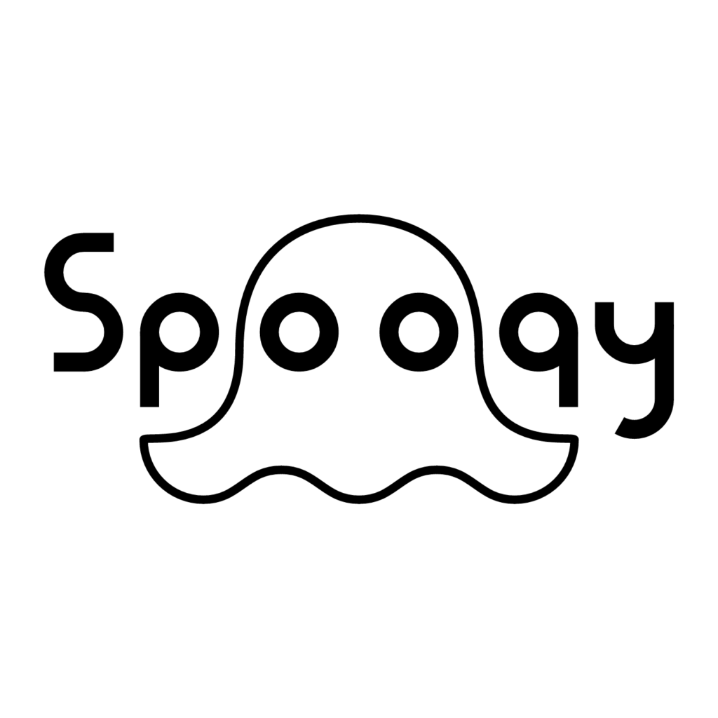 Stylized text 'Spooky' integrated with a ghost-shaped outline, the letters forming a ghost figure's eyes and body.